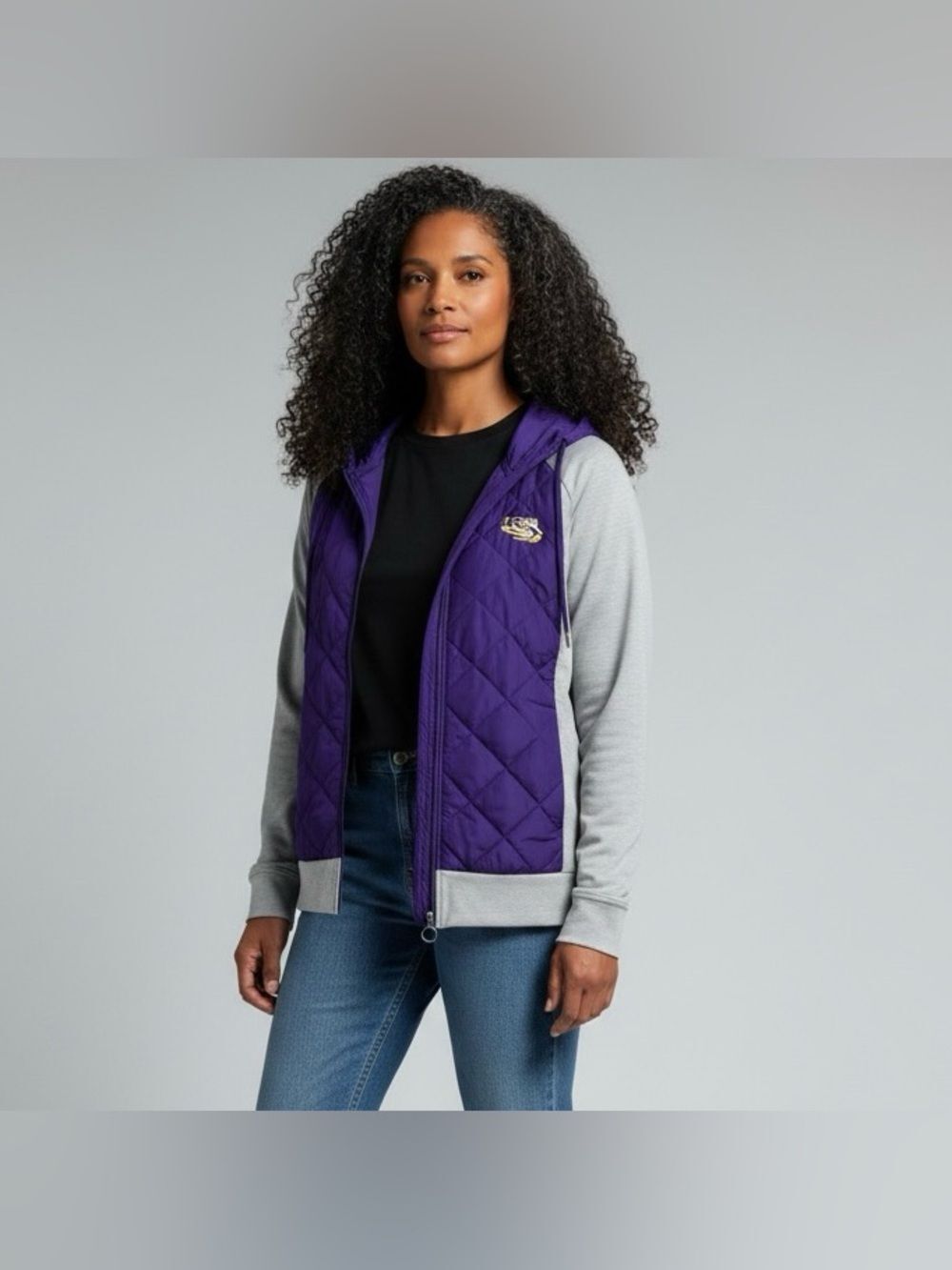 Colosseum LSU Purple Quilted Hooded Jacket with Gray Sleeves